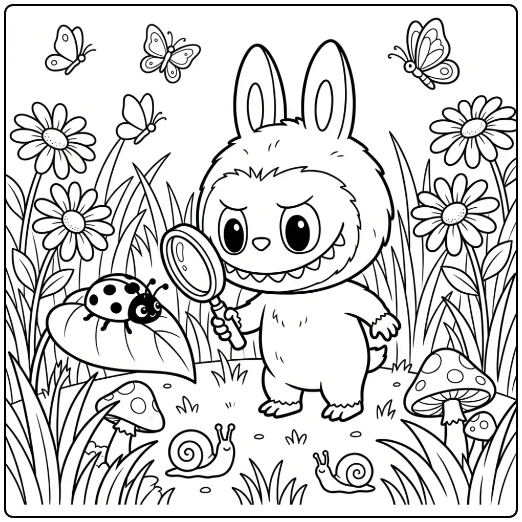 Cheerful Cute Labubu with Daisies and Grass coloring page