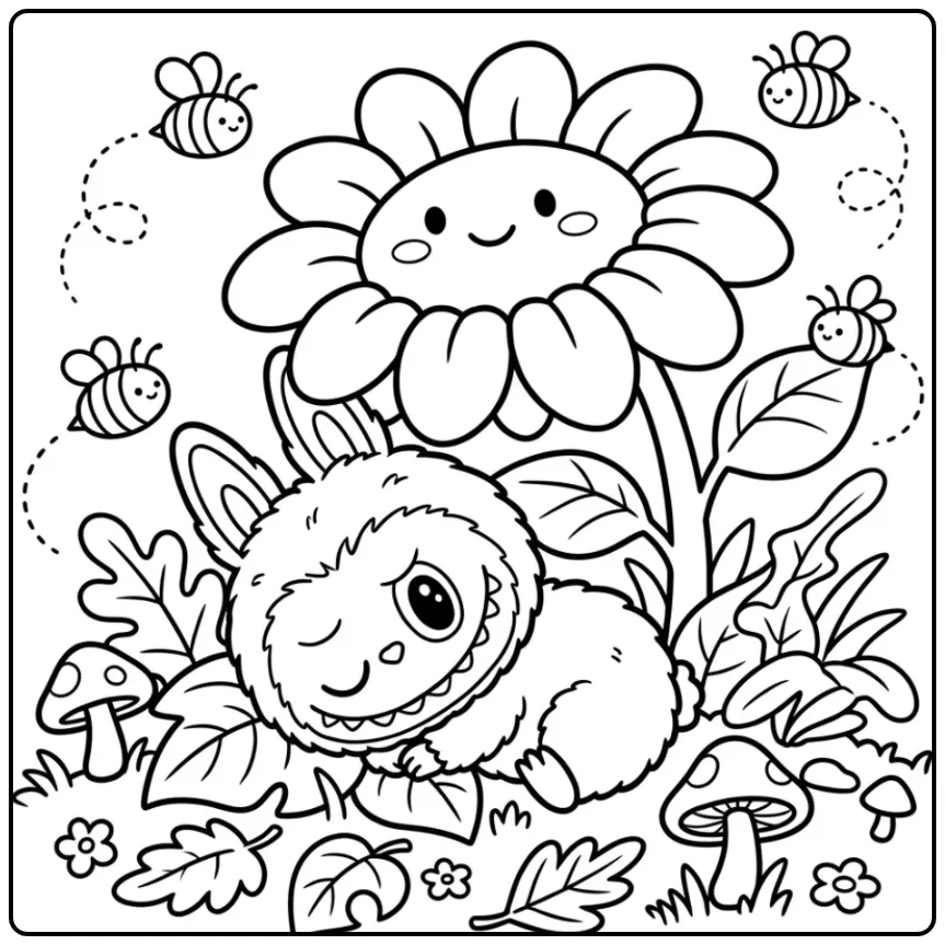 Cheerful Cute Labubu with Bees coloring page
