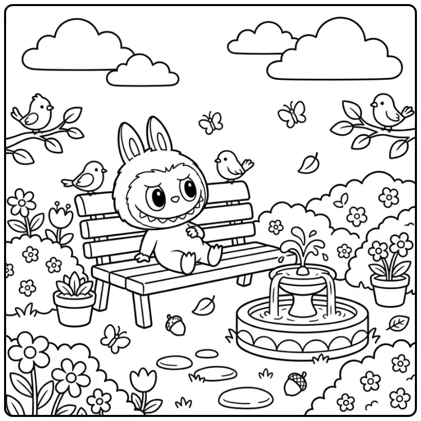 Cheerful Labubu Having a Seat by a Fountain coloring page