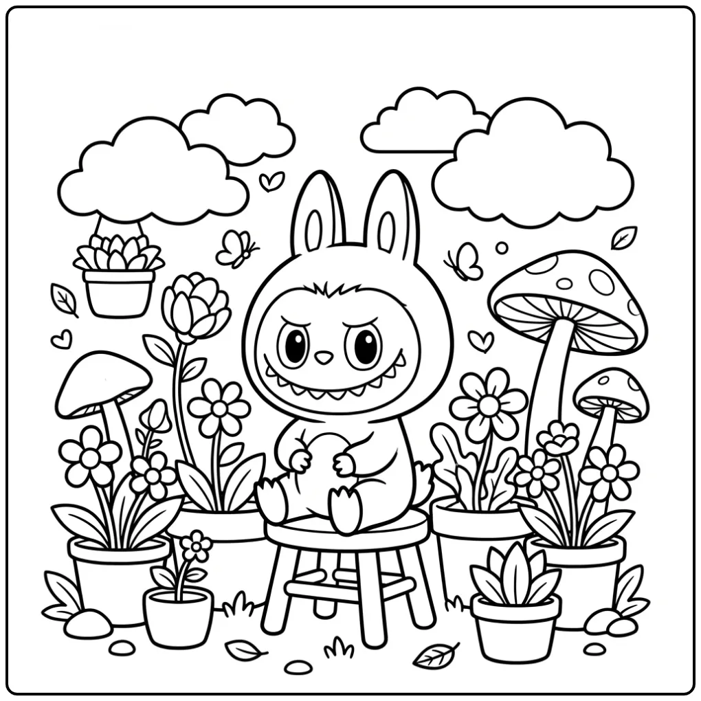 Cheerful Labubu Have a Seat with Flowers coloring page