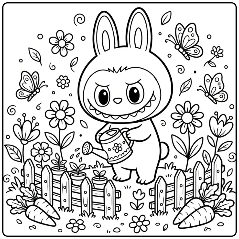 Cheerful Labubu in the Flower Garden coloring page