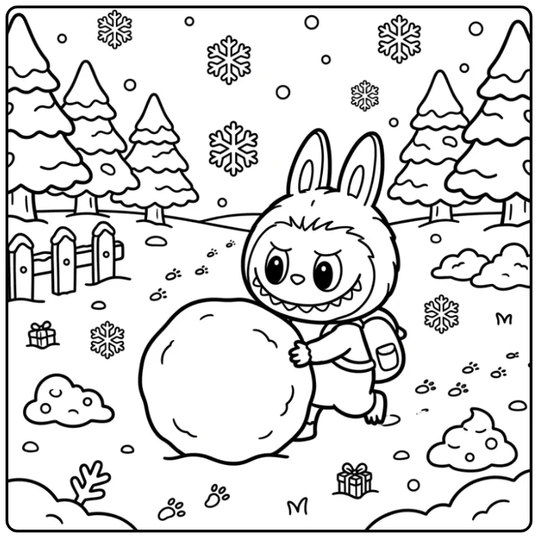 Cheerful Labubu in a Snowy Winter Landscape coloring page
