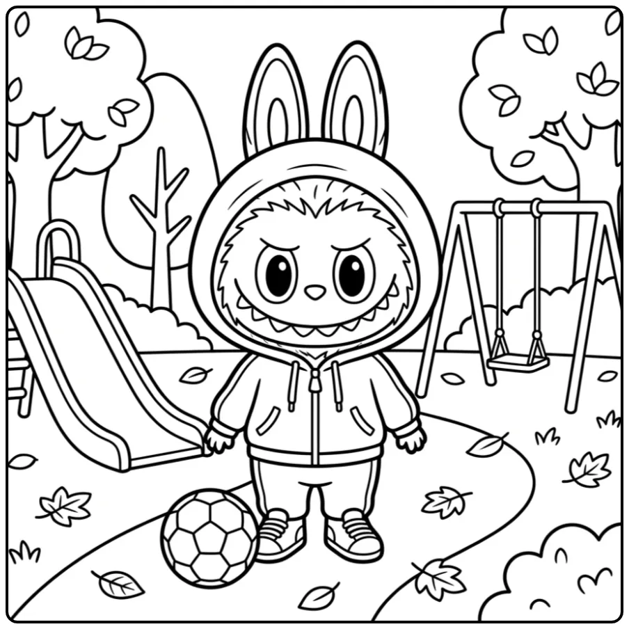 Cheerful Labubu in a Tracksuit coloring page