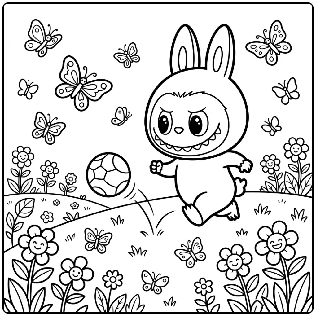 Cheerful Labubu Running Behind a Ball coloring page