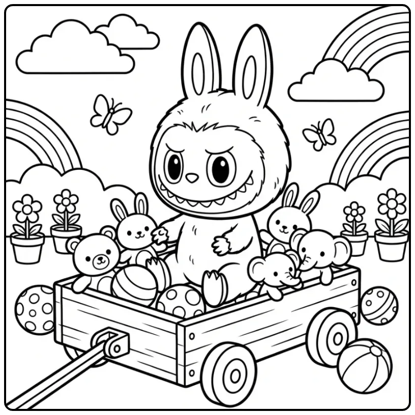 Cheerful Labubu Pop in a Toy Wagon coloring page