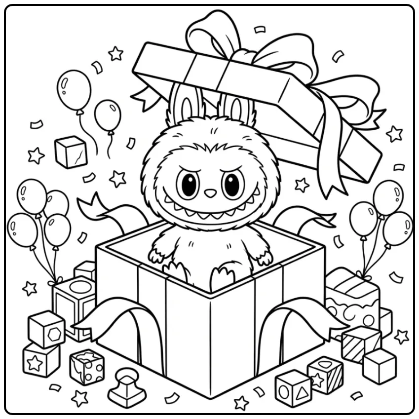 Cheerful Labubu Pop with a Gift and Toys coloring page