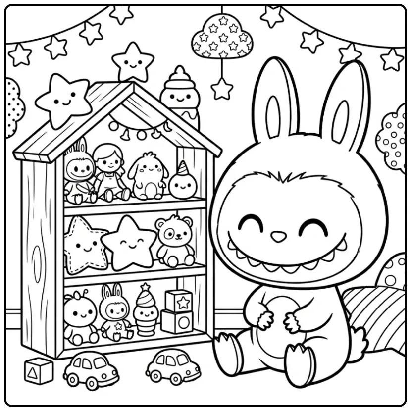 Cheerful Labubu Pop with Small Dolls and Stars coloring page
