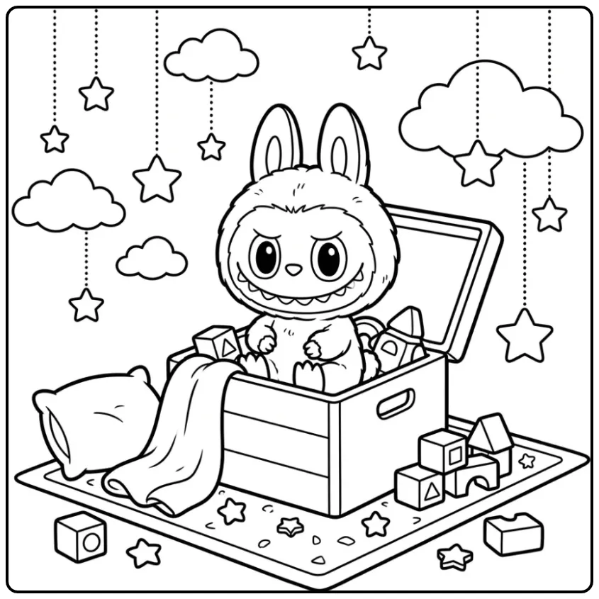 Cheerful Labubu Pop with Stars and Toys coloring page