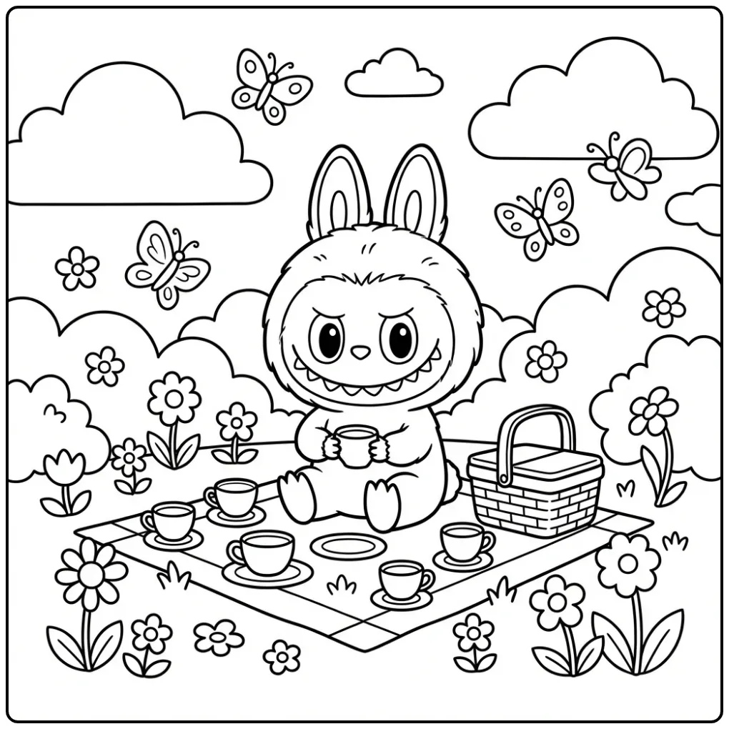 Cheerful Labubu Pop with Butterflies and Flowers coloring page