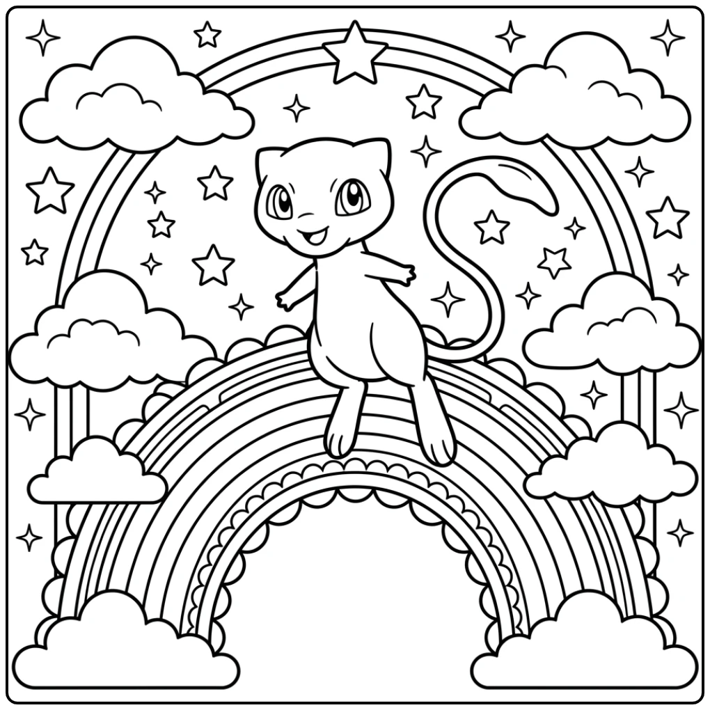 Cheerful Mew Clouds and a Big Rainbow coloring page