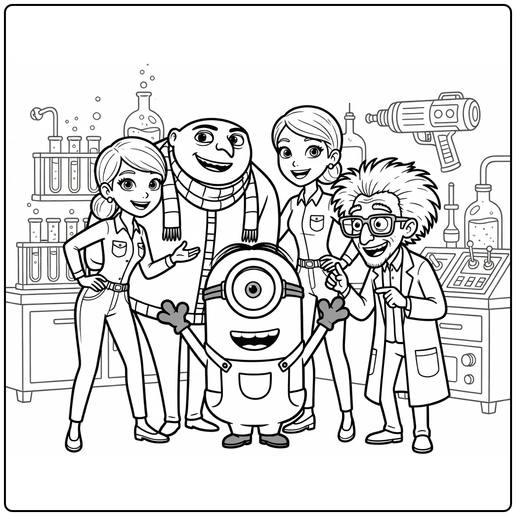 Minion coloring page with a playful character scene