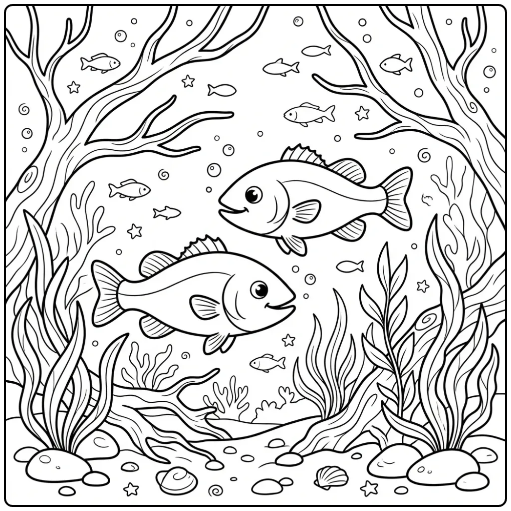 Cheerful Underwater Bass with Plants coloring page