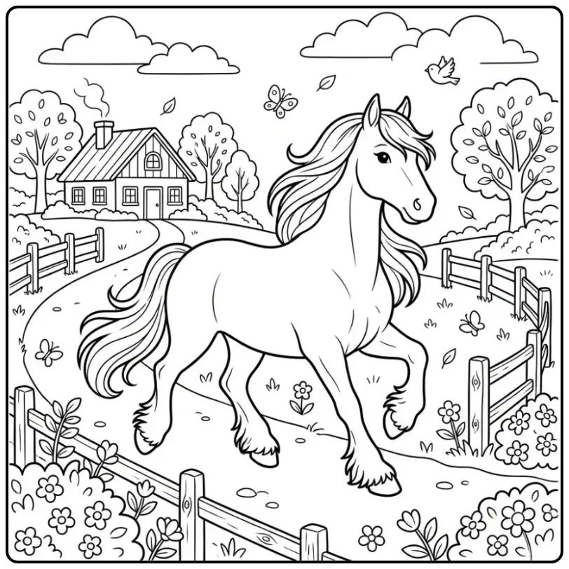 Cheerful Friesian Horse on the Farm coloring page