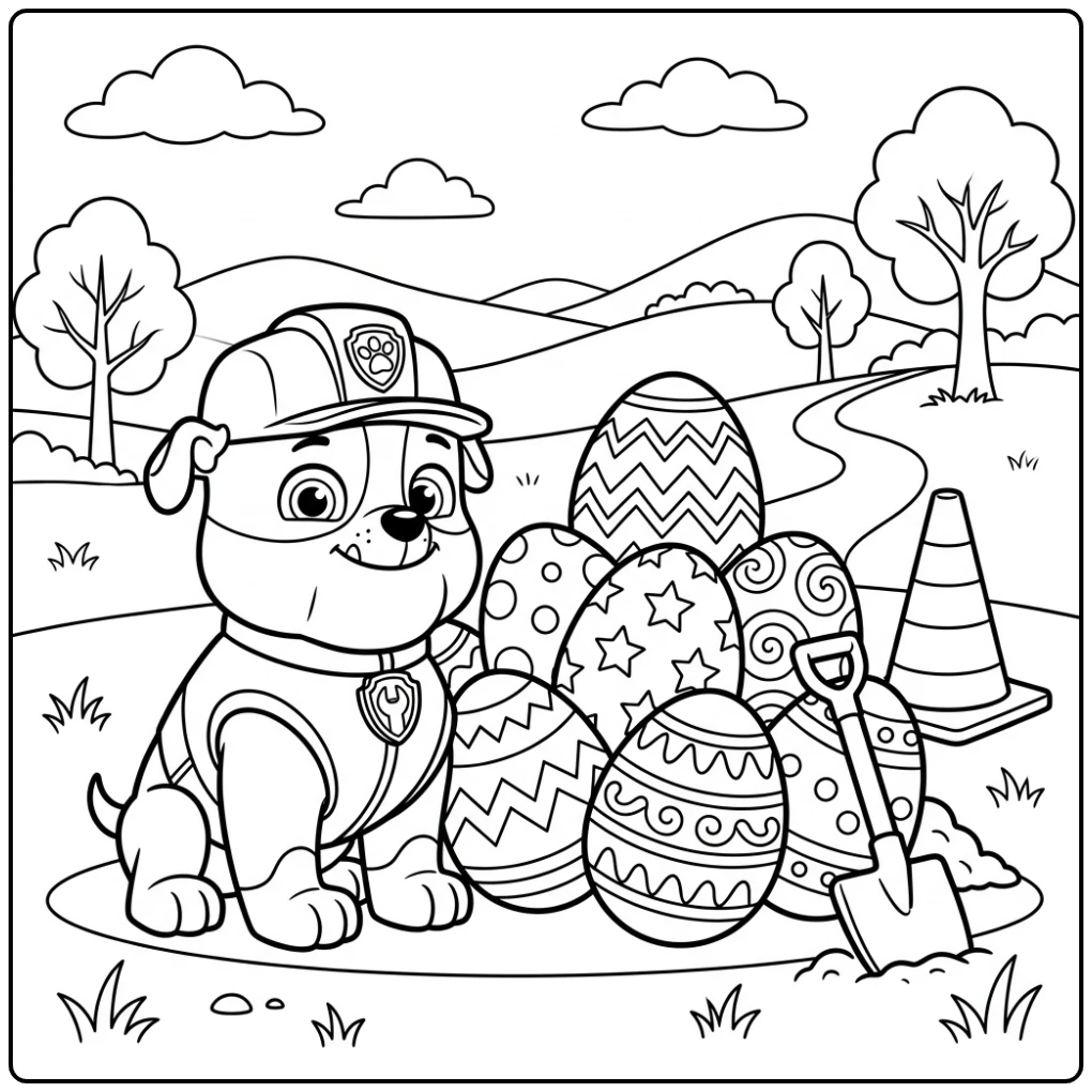 Cheerful Rubble's Paw Patrol Easter Eggs and Tools coloring page