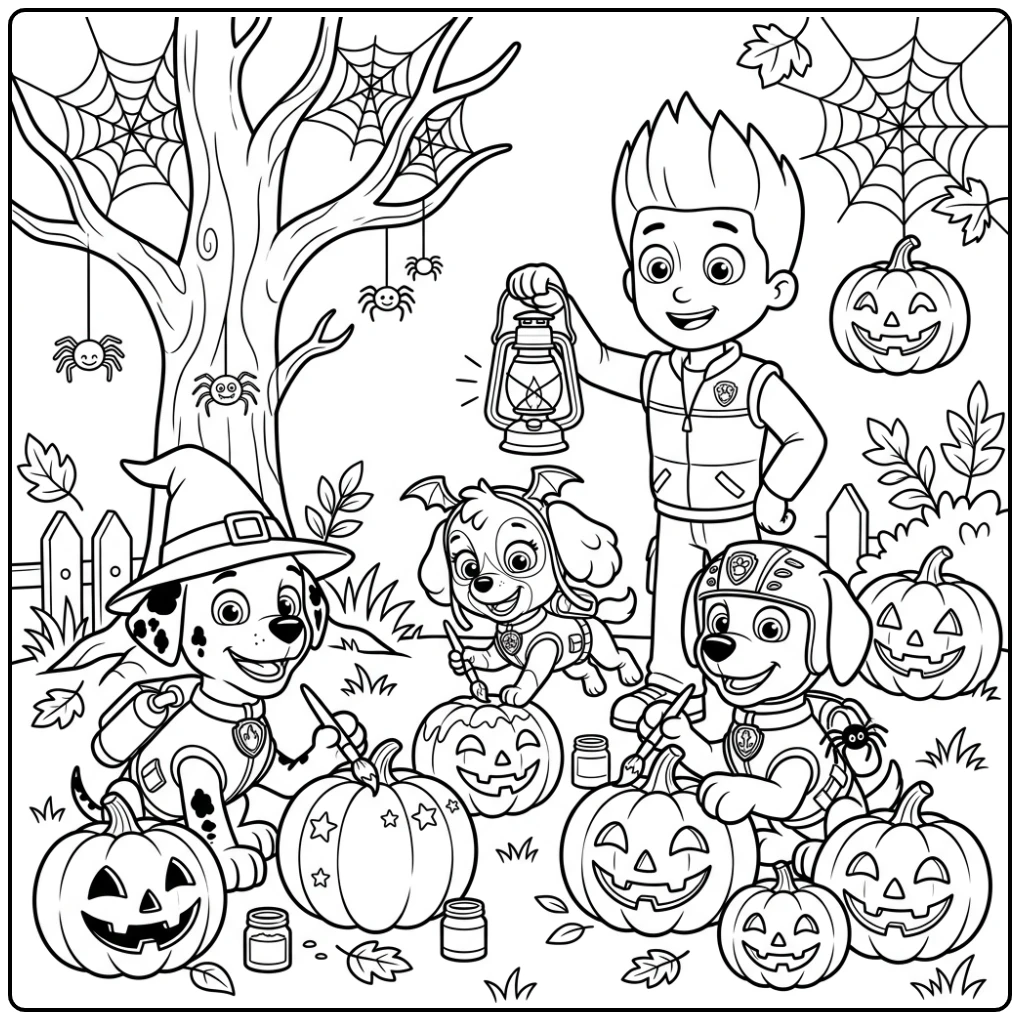 Cheerful Paw Patrol Halloween Pumpkin Decorating coloring page