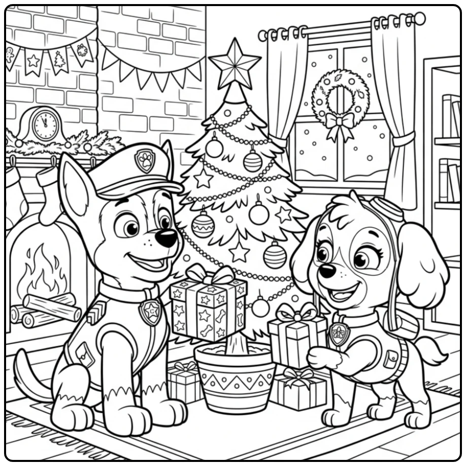Cheerful Paw Patrol Christmas Chase and Skye Celebrating Party coloring page