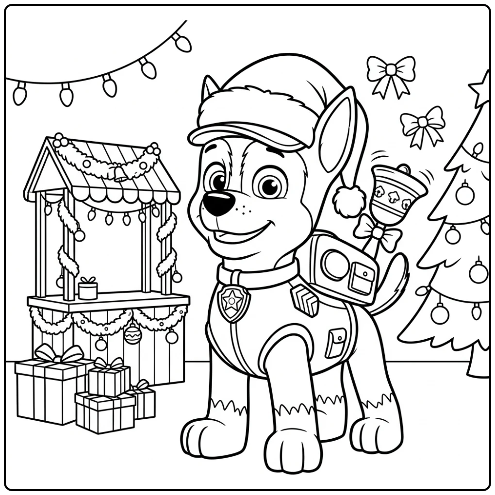 Cheerful Paw Patrol Chase Ringing a Christmas Bell coloring page