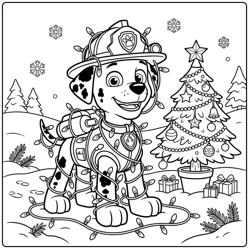 Cheerful Paw Patrol Christmas Marshall and Tree coloring page
