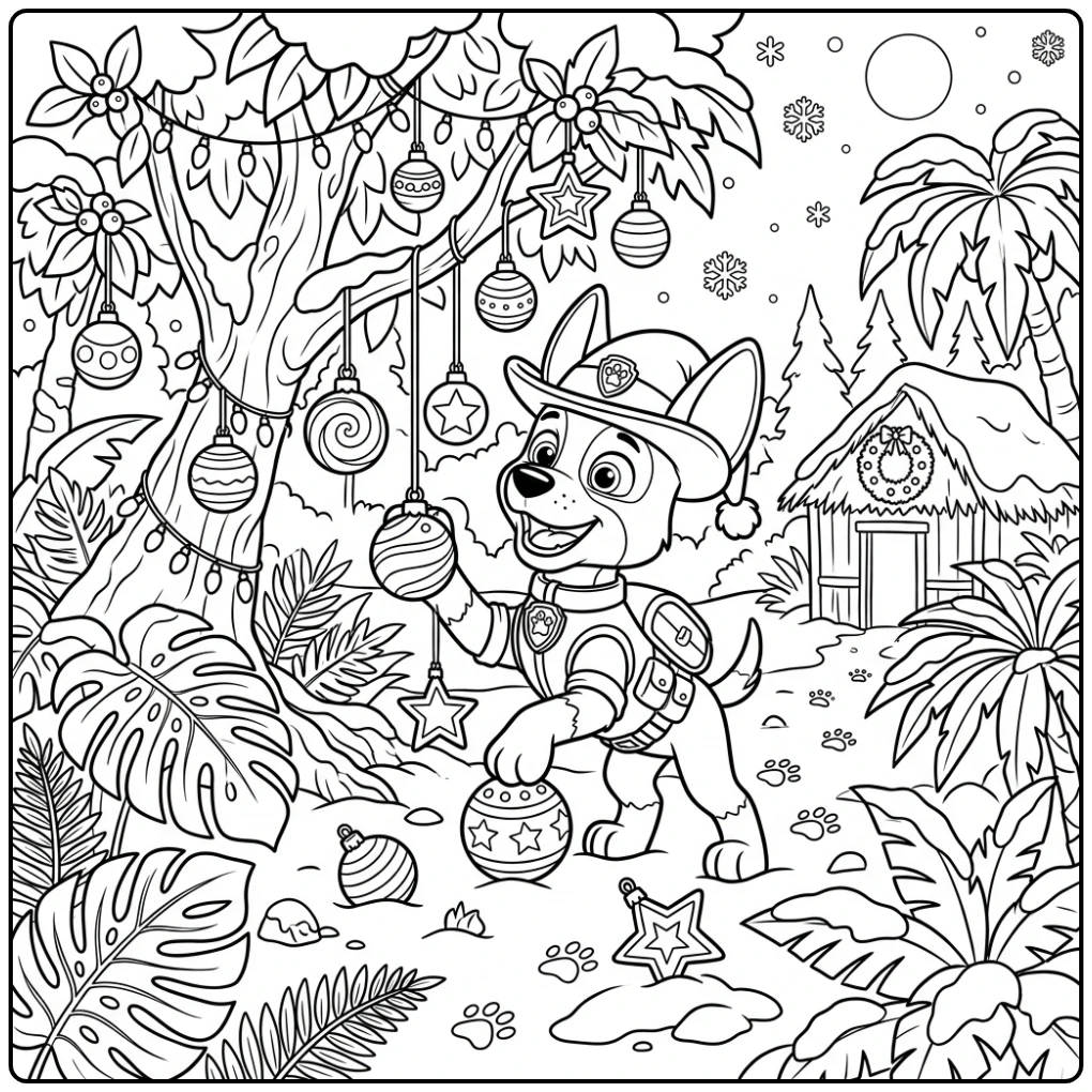 Cheerful Paw Patrol Christmas Tracker Among Ornaments coloring page