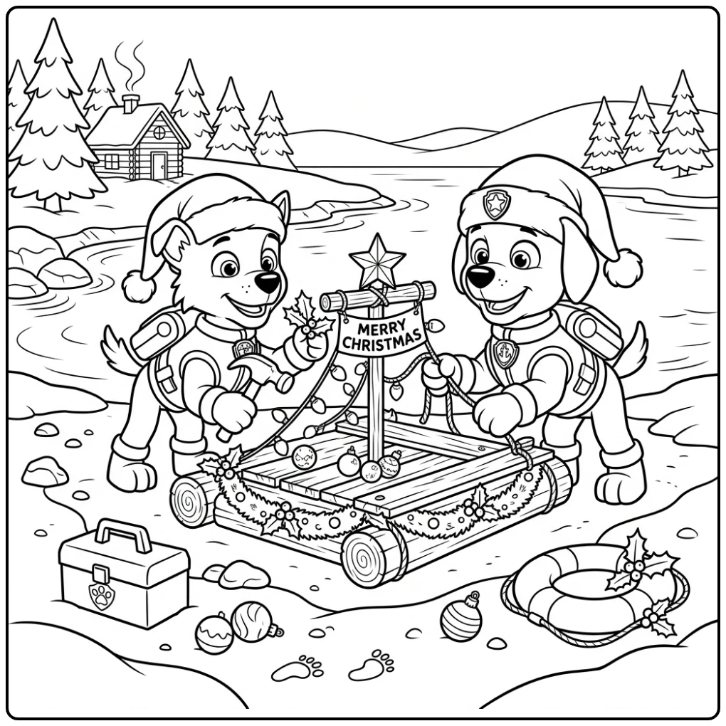 Cheerful Paw Patrol Christmas Zuma and Rocky coloring page