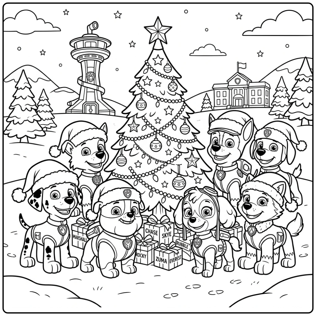 Cheerful Paw Patrol Pups Celebrating Party with Christmas Tree coloring page