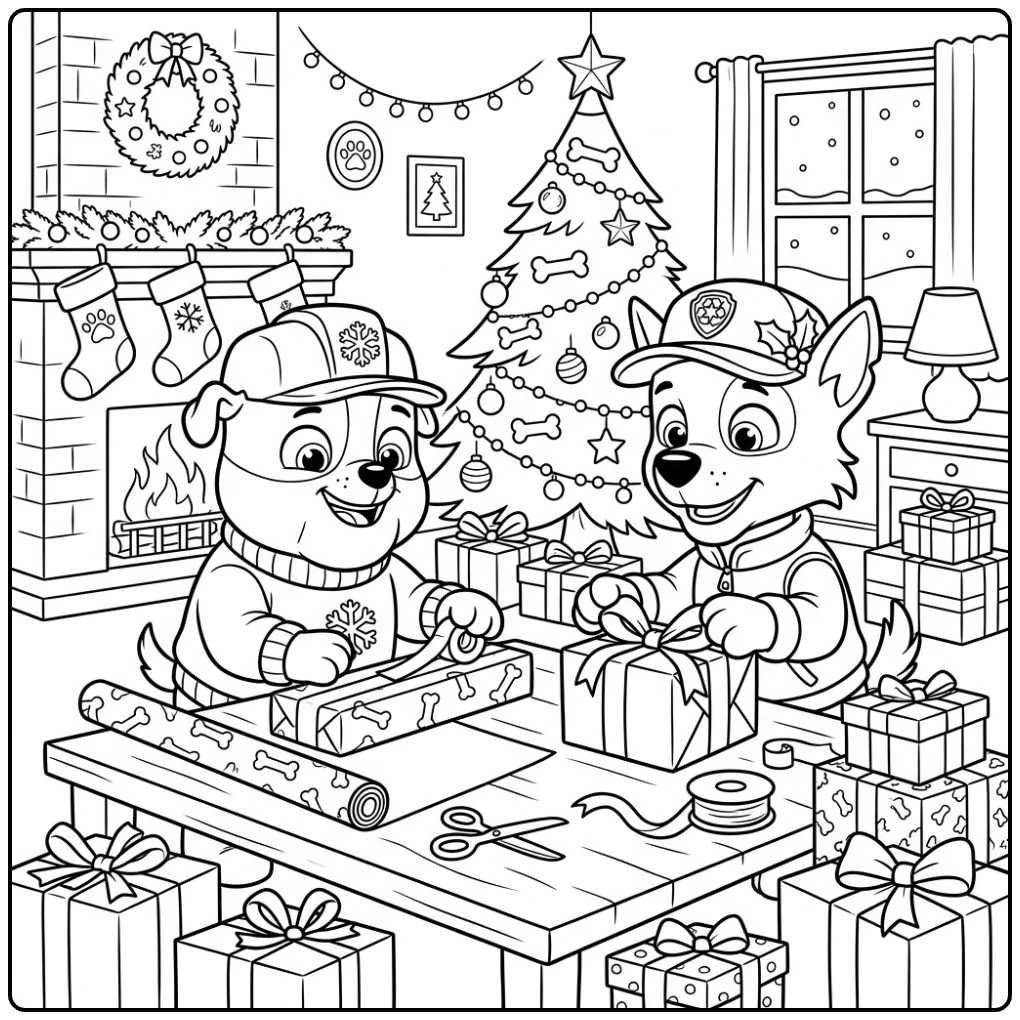 Cheerful Paw Patrol Christmas Rubble and Rocky Wrapping Gifts coloring page