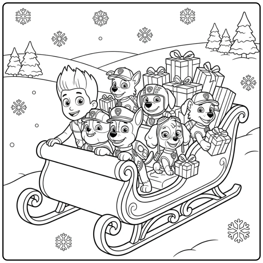 Cheerful Paw Patrol Christmas Ryder and Pups Delivering Gifts coloring page