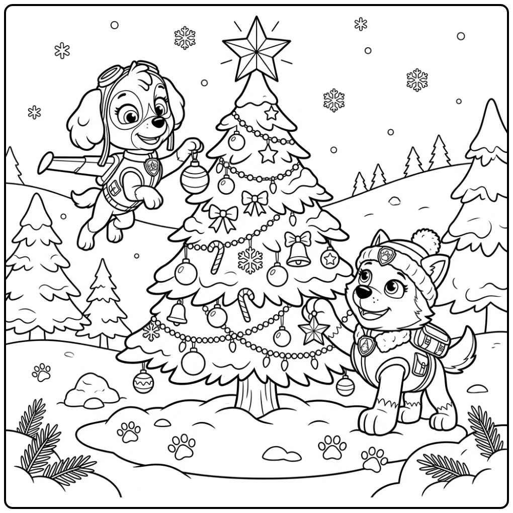 Cheerful Paw Patrol Christmas Skye and Everest Decorating coloring page