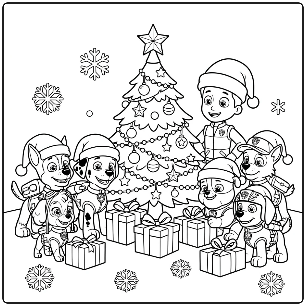 Cheerful Paw Patrol Christmas Friends Celebrating Party coloring page