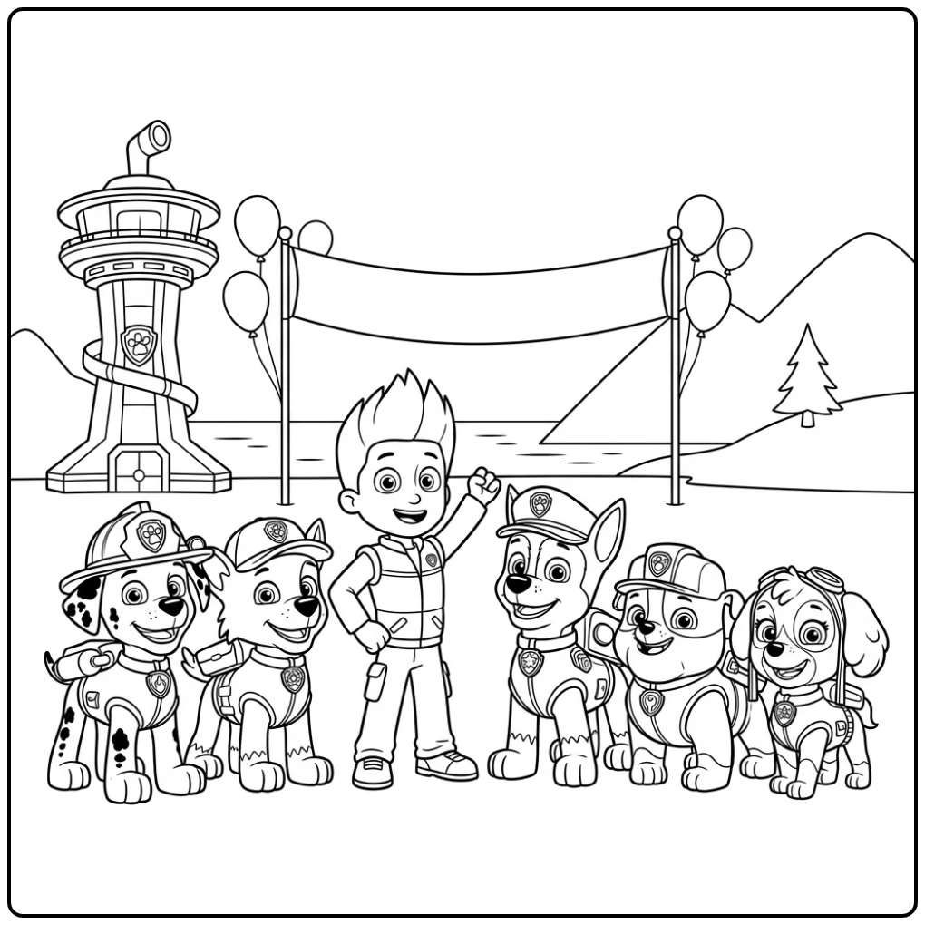 Cheerful Paw Patrol Heroes in Adventure Bay coloring page