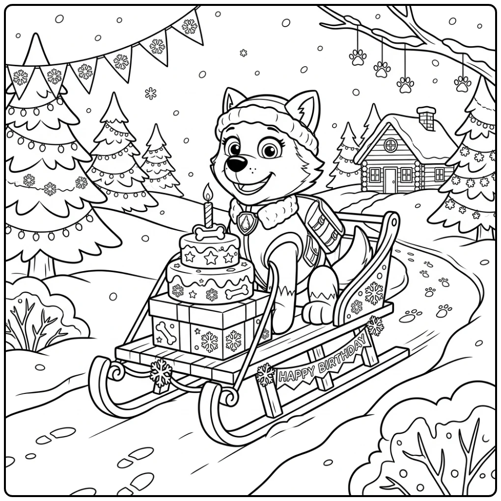 Cheerful Paw Patrol Birthday Everest with Cake and Snow coloring page