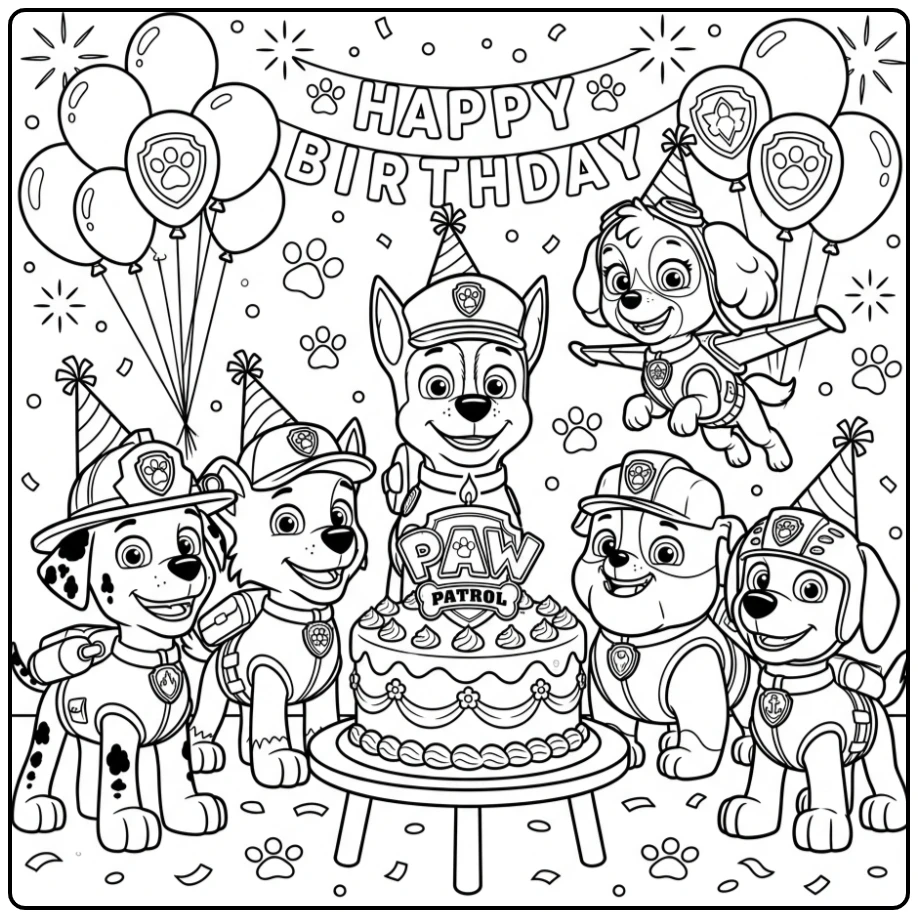 Cheerful Paw Patrol Birthday with Everyone Heroes coloring page