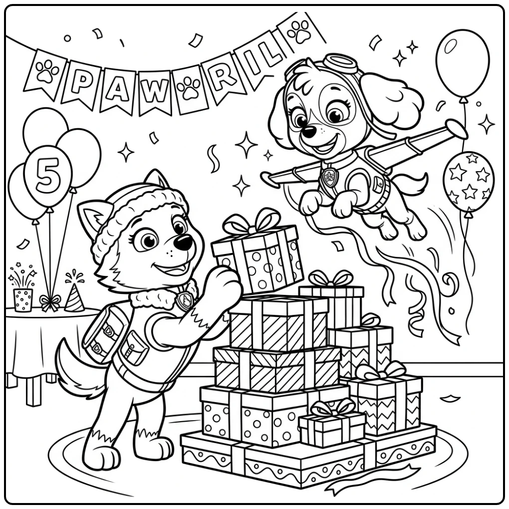 Cheerful Paw Patrol Birthday with Everest and Skye coloring page
