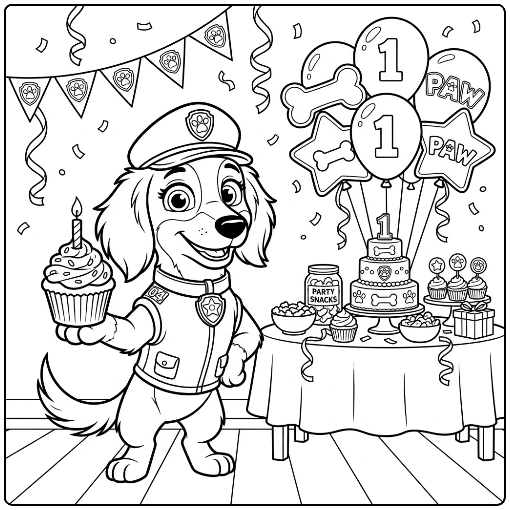 Cheerful Paw Patrol Birthday with Liberty and Cupcake coloring page