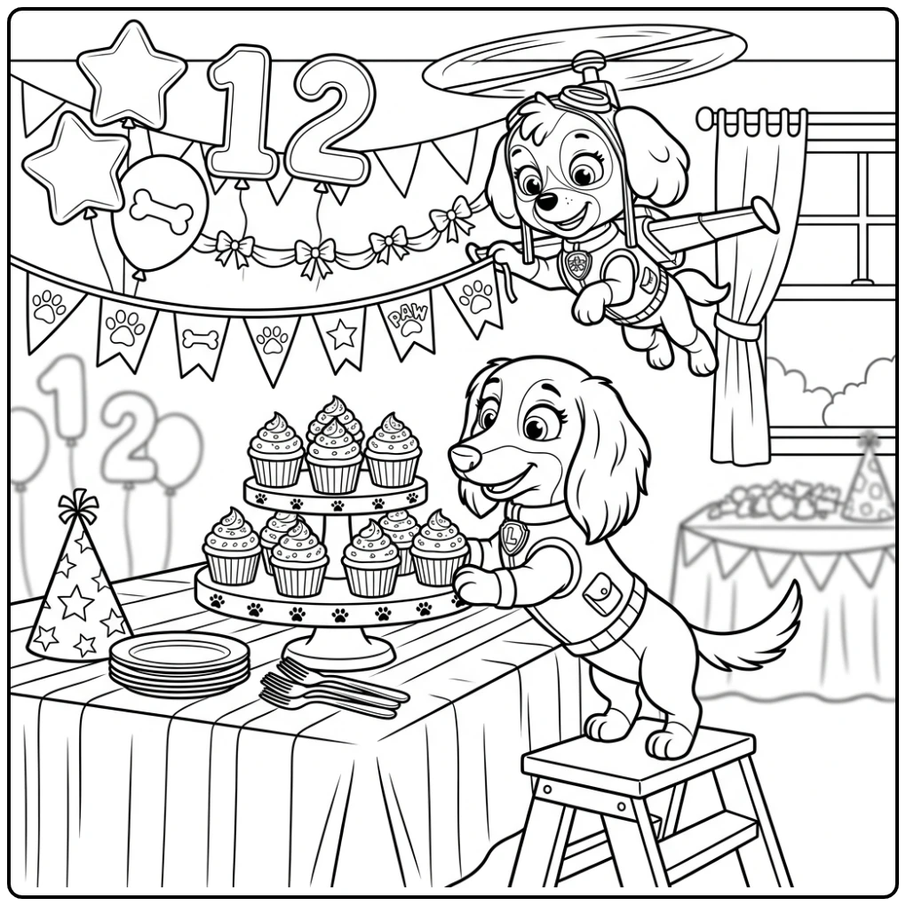 Cheerful Paw Patrol Birthday with Liberty and Skye coloring page