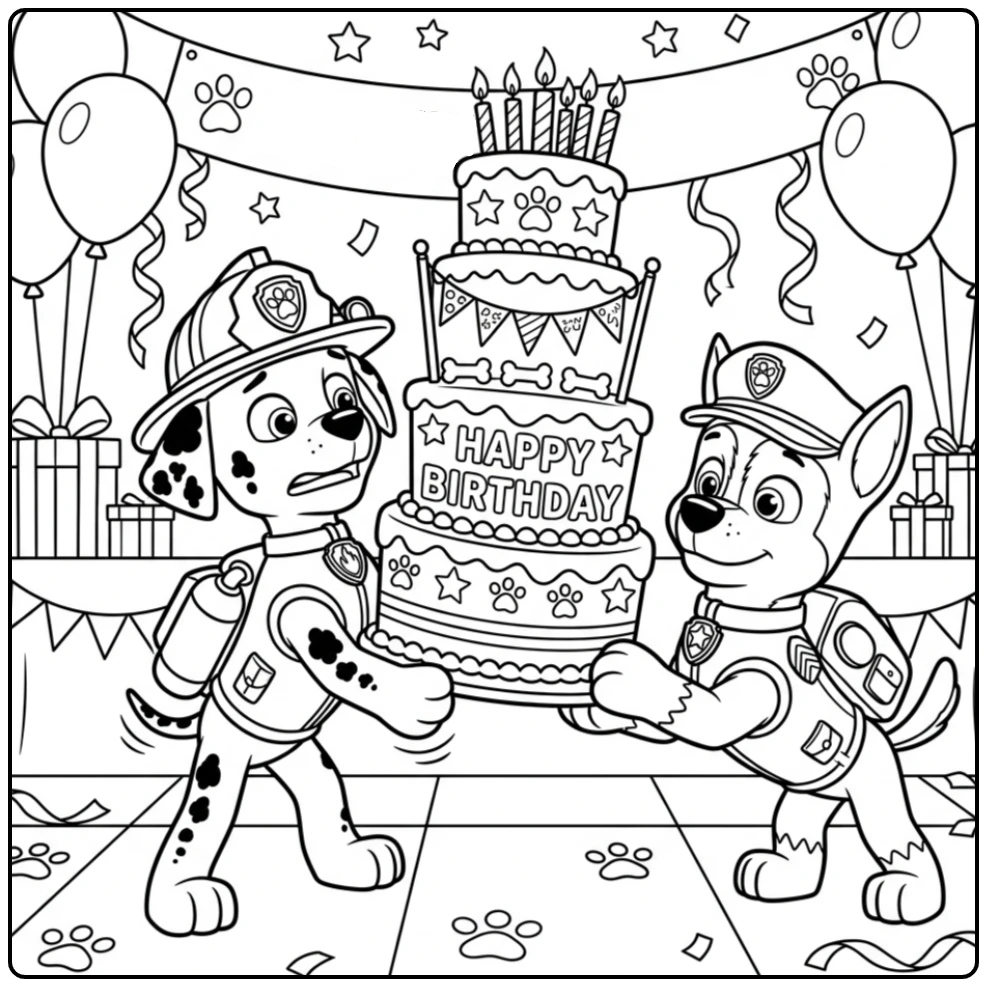 Cheerful Paw Patrol Birthday with Marshall and Chase coloring page