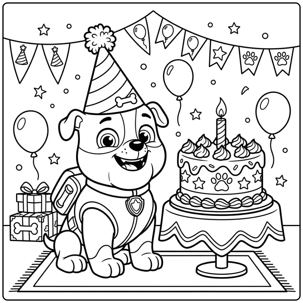 Cheerful Paw Patrol Birthday with Rubble and Cake coloring page