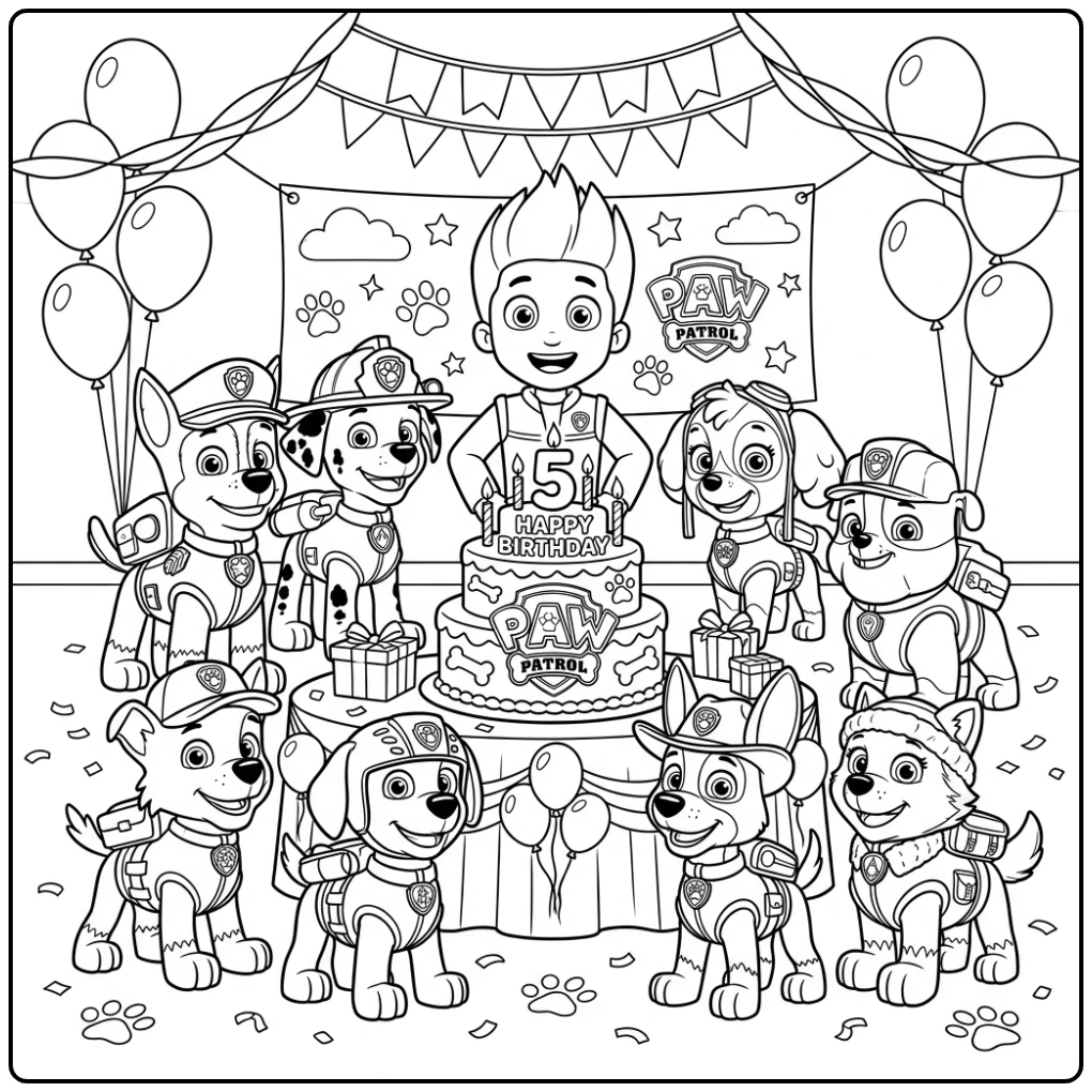 Cheerful Paw Patrol Birthday with Ryder and Pups coloring page