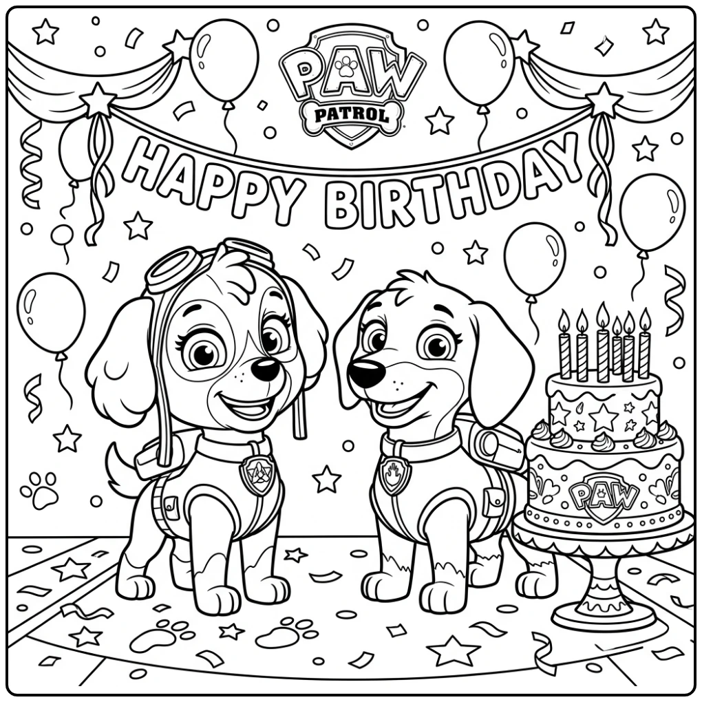 Cheerful Paw Patrol Birthday with Skye and Liberty coloring page