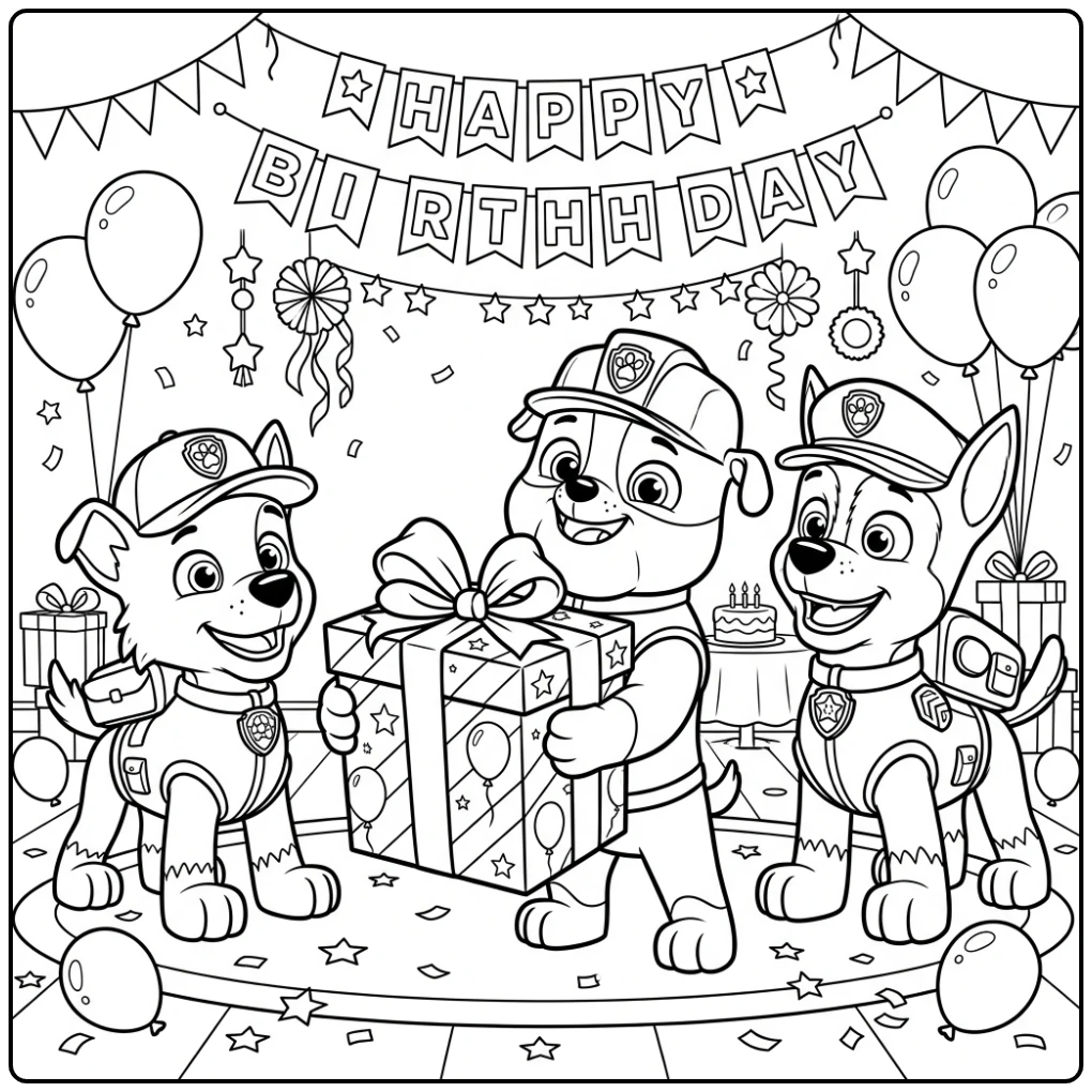 Cheerful Paw Patrol Birthday Rubble with Surprise coloring page