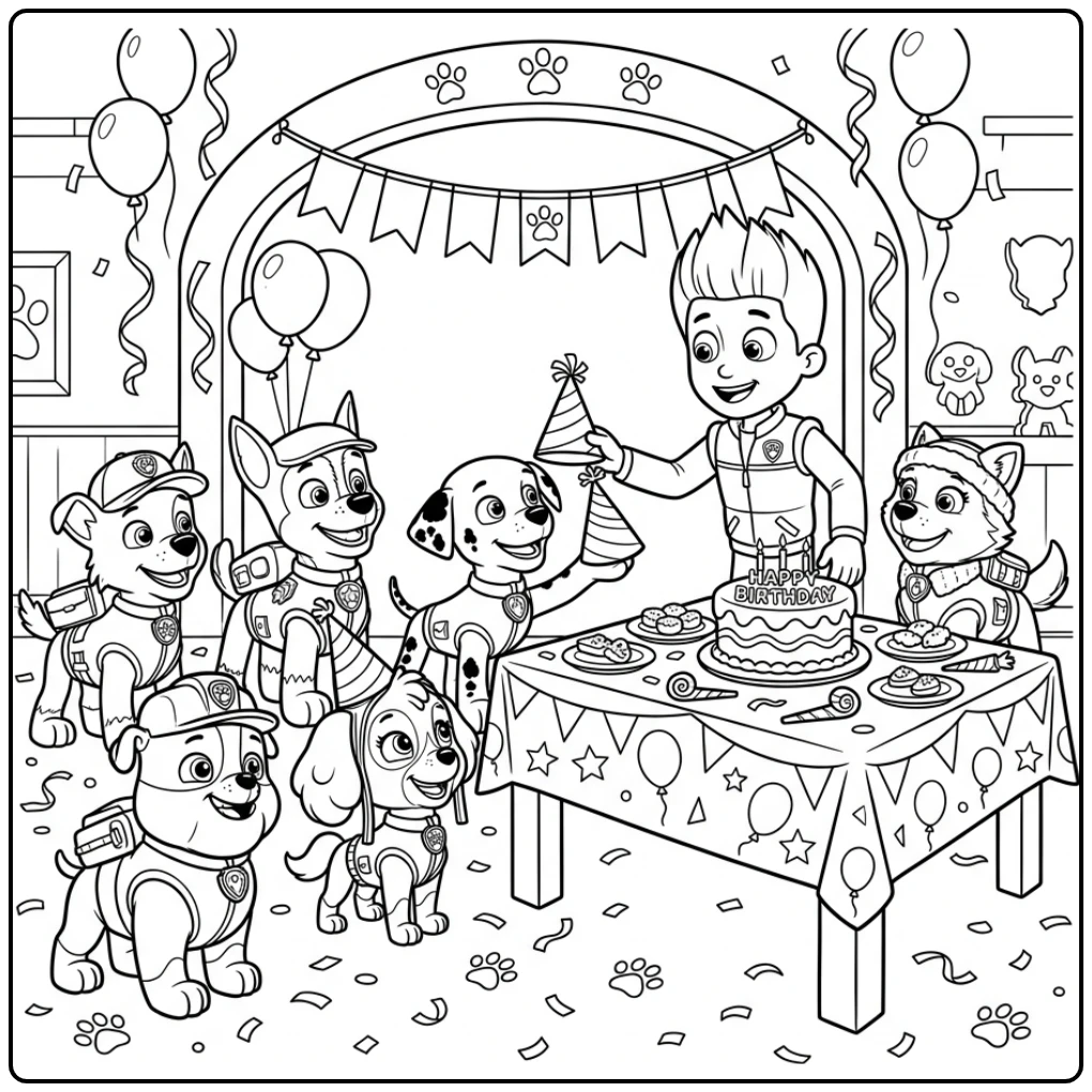 Cheerful Paw Patrol Birthday Scene with Ryder and His Pups coloring page