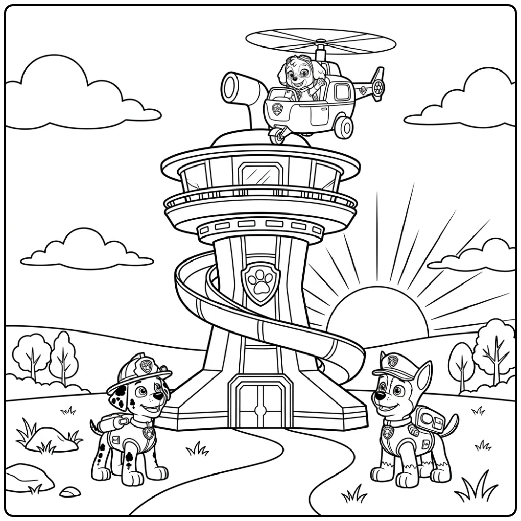 Cheerful Paw Patrol Lookout Tower Pups coloring page
