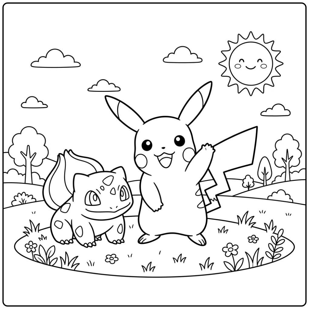 Easy Pokemon with Cheerful Pikachu and Bulbasaur coloring page