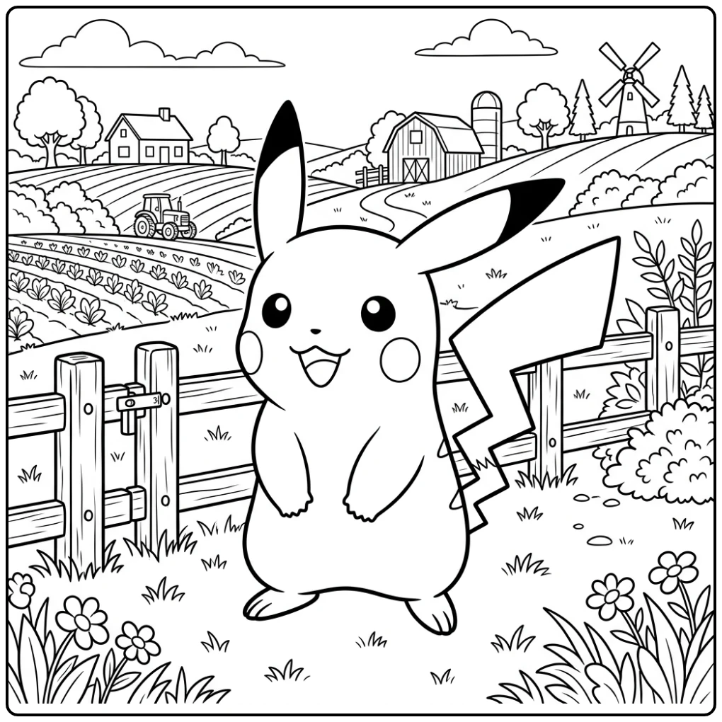 Cheerful Pikachu in a Peaceful Meadow coloring page