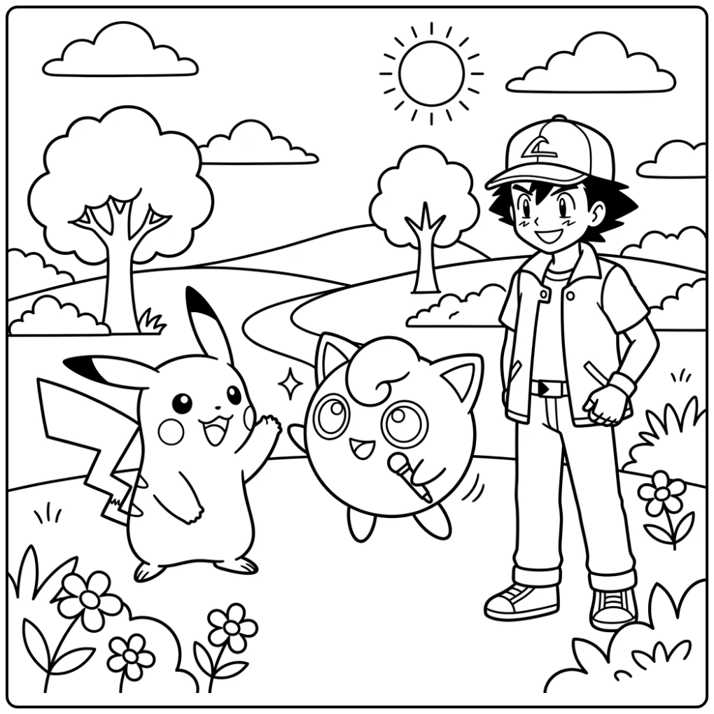 Cheerful Pikachu Ash and a Jigglypuff coloring page
