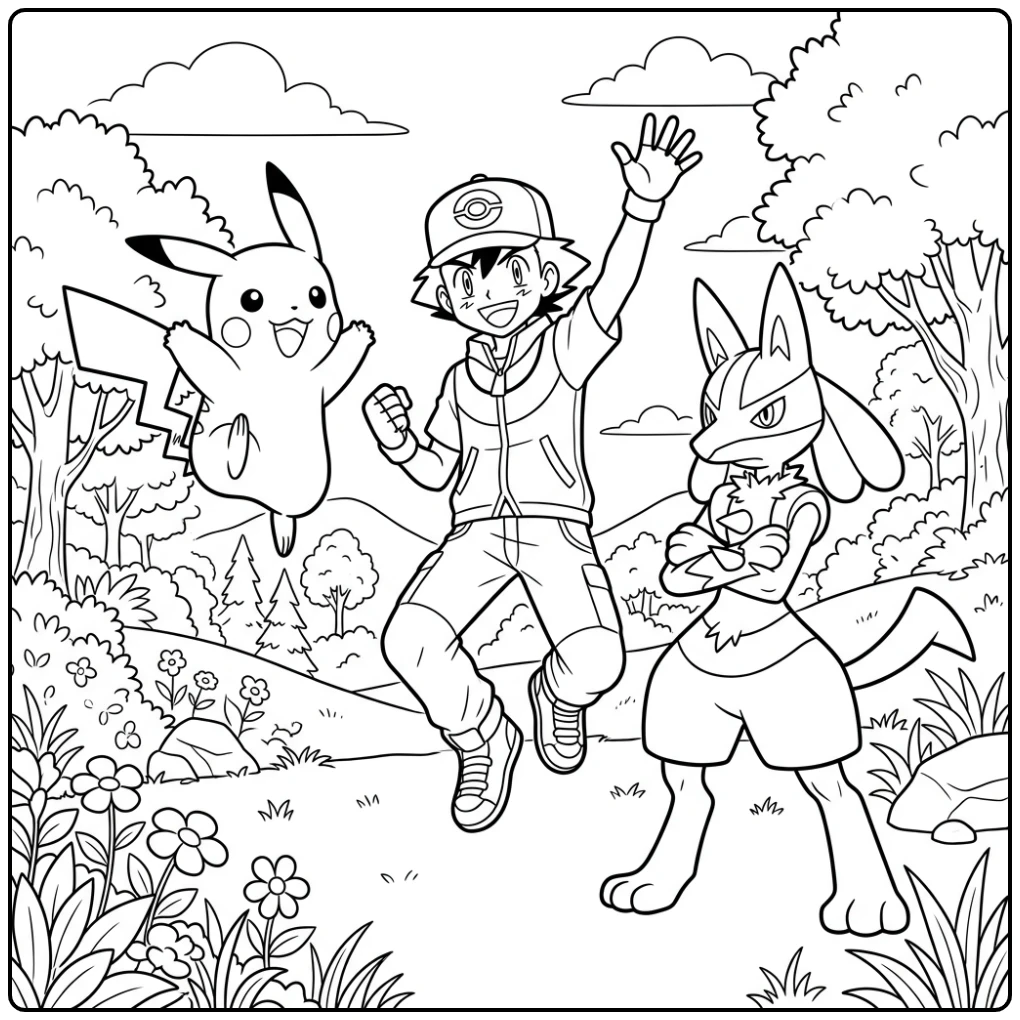 Cheerful Pikachu Ash and Strong Lucario coloring page