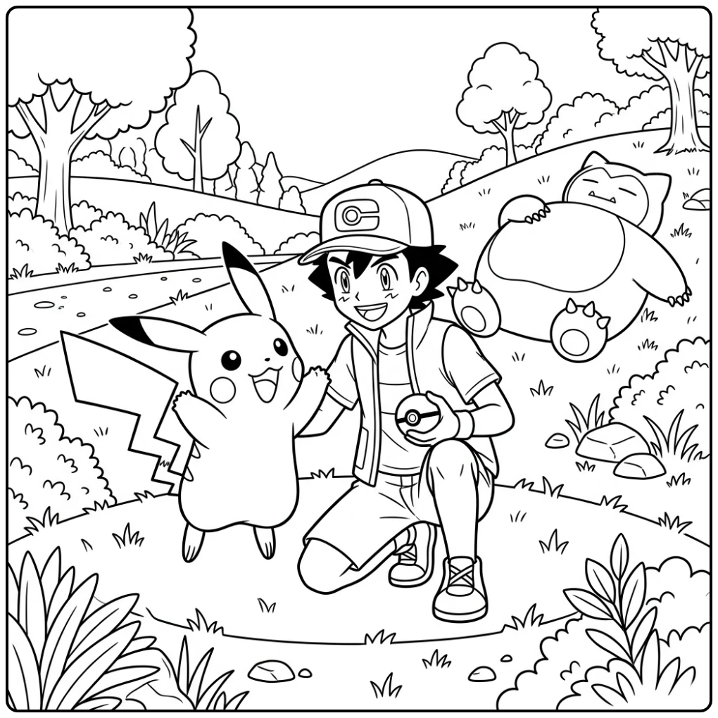 Cheerful Pikachu with Friends coloring page