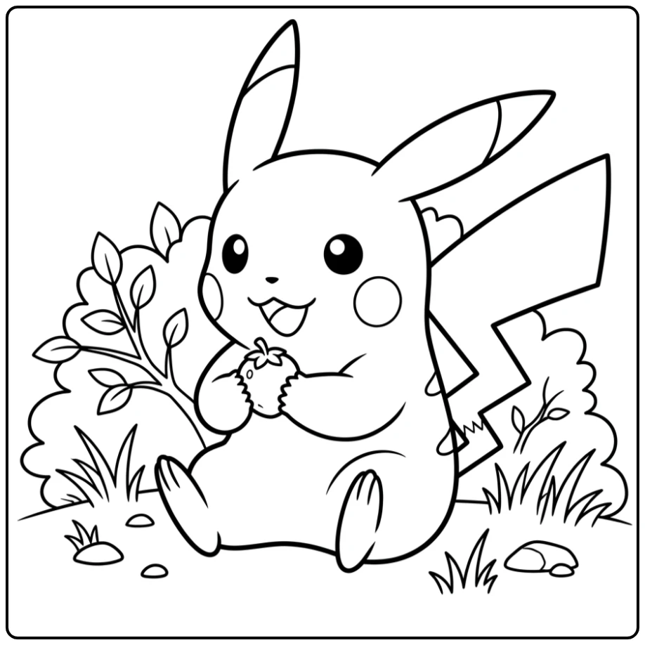 Cheerful Pikachu Sitting with a Bush coloring page
