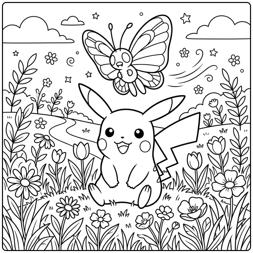 Cheerful Pikachu Pokemon Cute in a Sea of Flowers coloring page