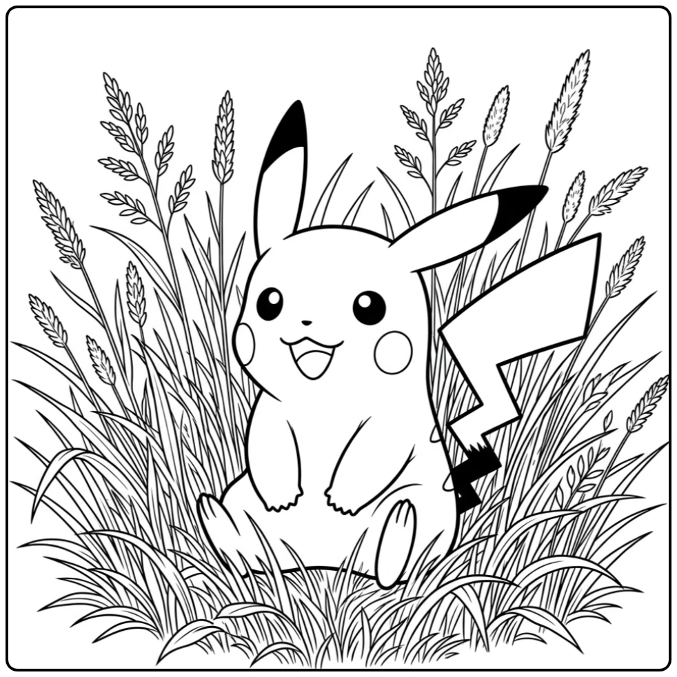 Cheerful Pikachu Sitting in a Field with Grass coloring page